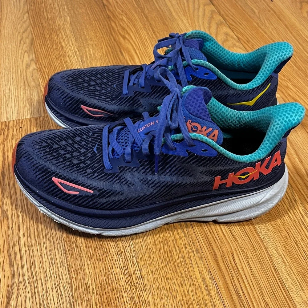 Hoka Clifton 9 Womens Road Running Sneaker Shoes 8.5 Navy Blue Teal Coral